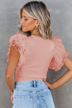 Load image into Gallery viewer, Ribbed ruffle dot lace tulle mesh sleeve top