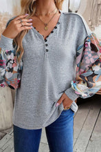 Load image into Gallery viewer, Printed Lantern Sleeve Buttoned V Neck Top