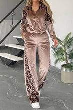 Load image into Gallery viewer, Full Size Collared Neck Leopard Zip Up Top and Pants Set (3 colors)