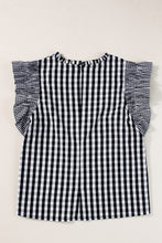 Load image into Gallery viewer, Ruffled Plaid Mock Neck Cap Sleeve Blouse