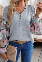 Load image into Gallery viewer, Printed Lantern Sleeve Buttoned V Neck Top