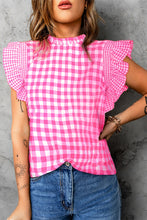Load image into Gallery viewer, Ruffled Plaid Mock Neck Cap Sleeve Blouse