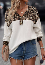 Load image into Gallery viewer, Waffle-Knit Leopard V-Neck Long Sleeve Blouse