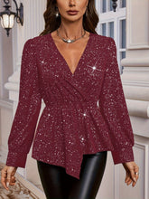 Load image into Gallery viewer, Asymmetrical Hem Surplice Long Sleeve Blouse