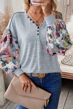 Load image into Gallery viewer, Printed Lantern Sleeve Buttoned V Neck Top