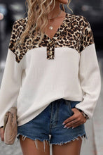 Load image into Gallery viewer, Waffle-Knit Leopard V-Neck Long Sleeve Blouse