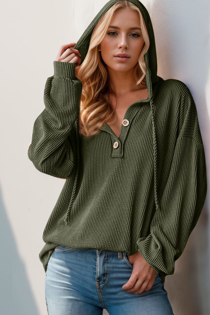 Double Take Full Size Half Button Long Sleeve Hoodie ( 3 colors)