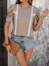 Load image into Gallery viewer, Lace Detail Round Neck Puff Sleeve Blouse