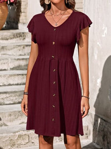 Decorative Button Ruffled V-Neck Dress (6 colors)