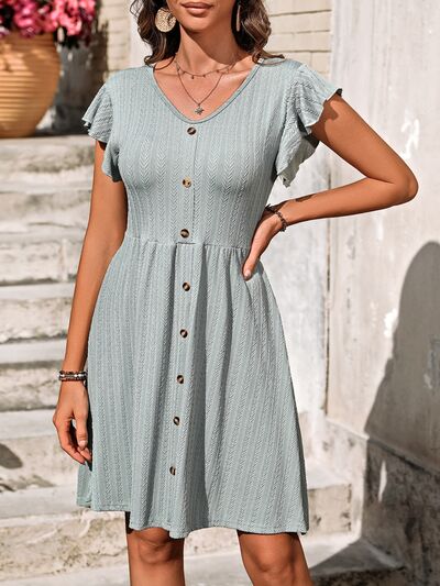 Decorative Button Ruffled V-Neck Dress (6 colors)